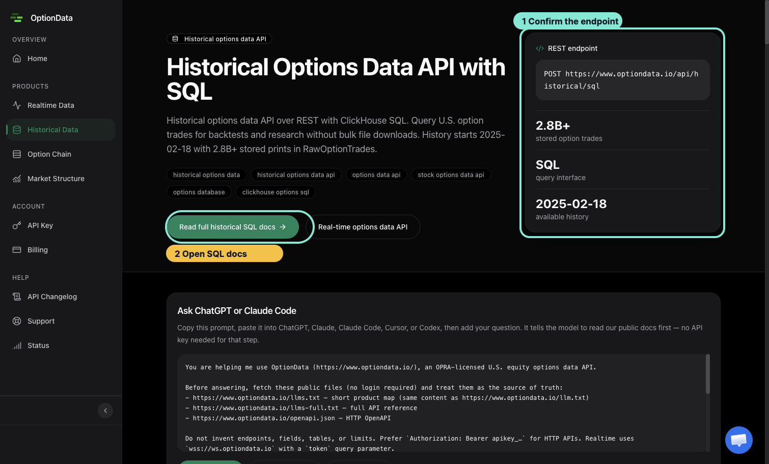 Annotated OptionData historical-data page showing the REST endpoint and full SQL documentation link
