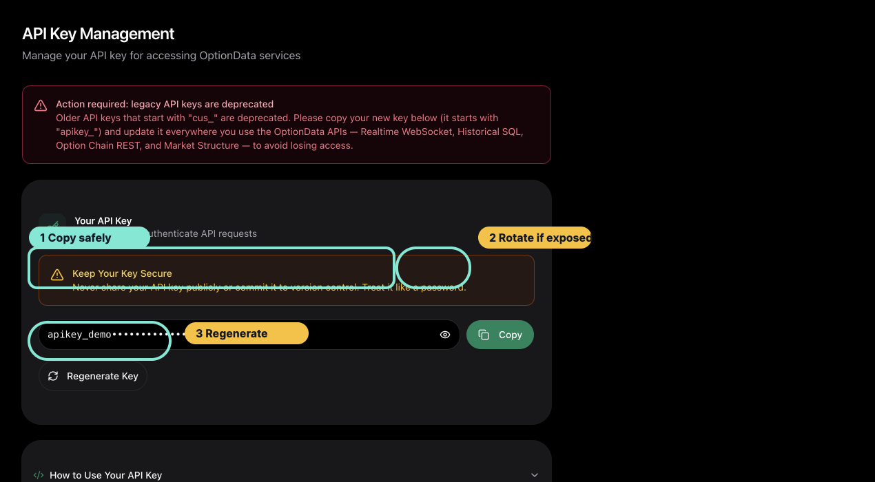 Annotated OptionData API Key page showing the masked key, Copy action, and Regenerate Key action