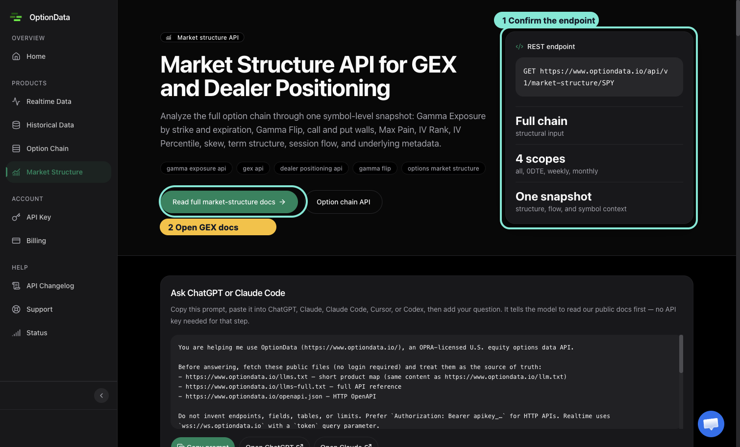 Annotated OptionData market-structure page showing the REST endpoint and full GEX documentation link