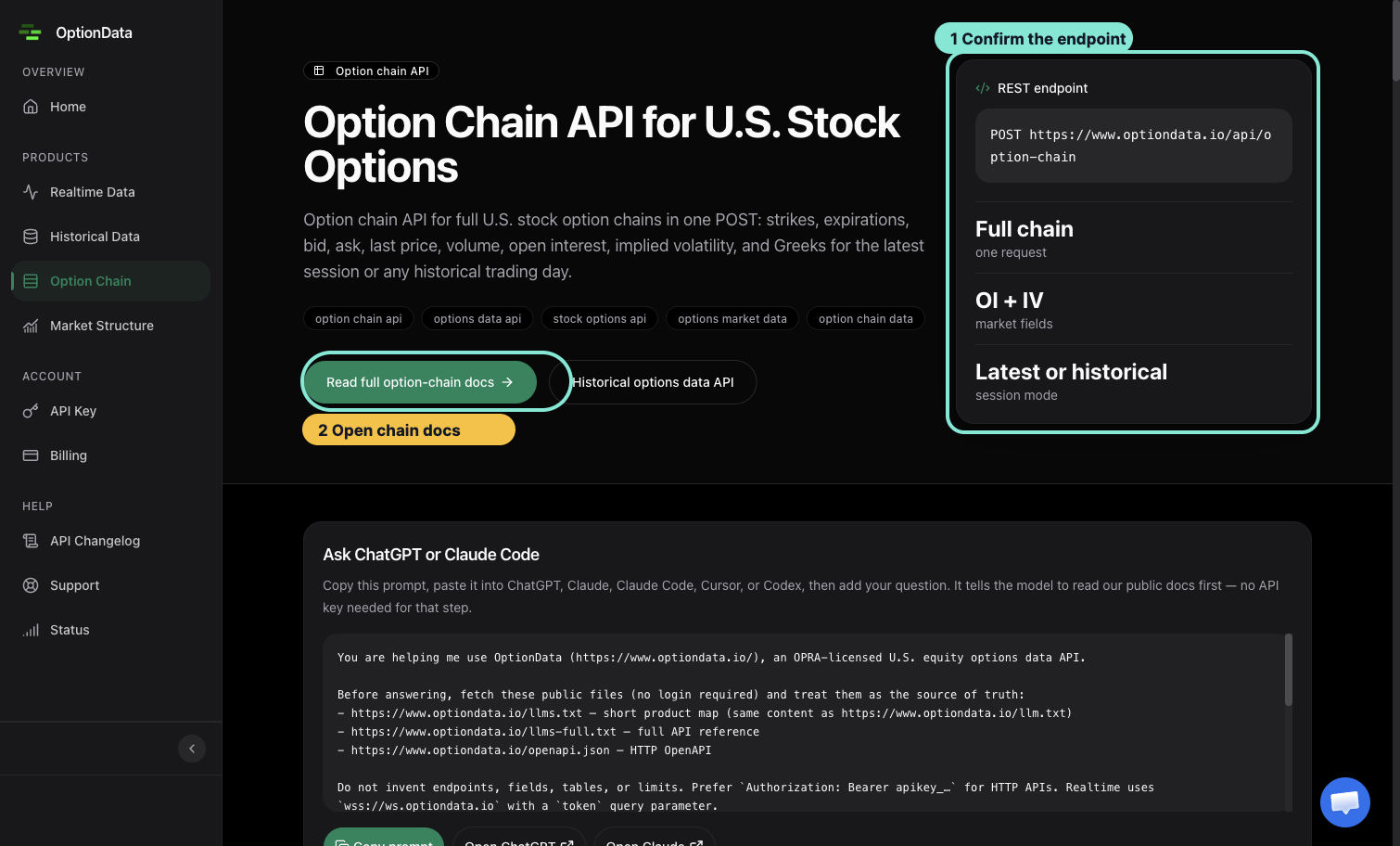 Annotated OptionData option-chain page showing the REST endpoint and full option-chain documentation link