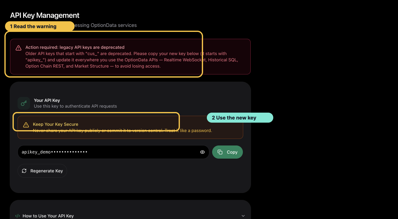 Annotated OptionData API Key page showing the legacy-key warning and the replacement key area